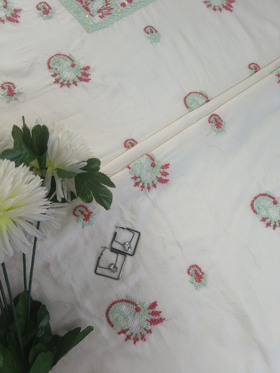 Off White Chanderi Chikankari Suit Fabric