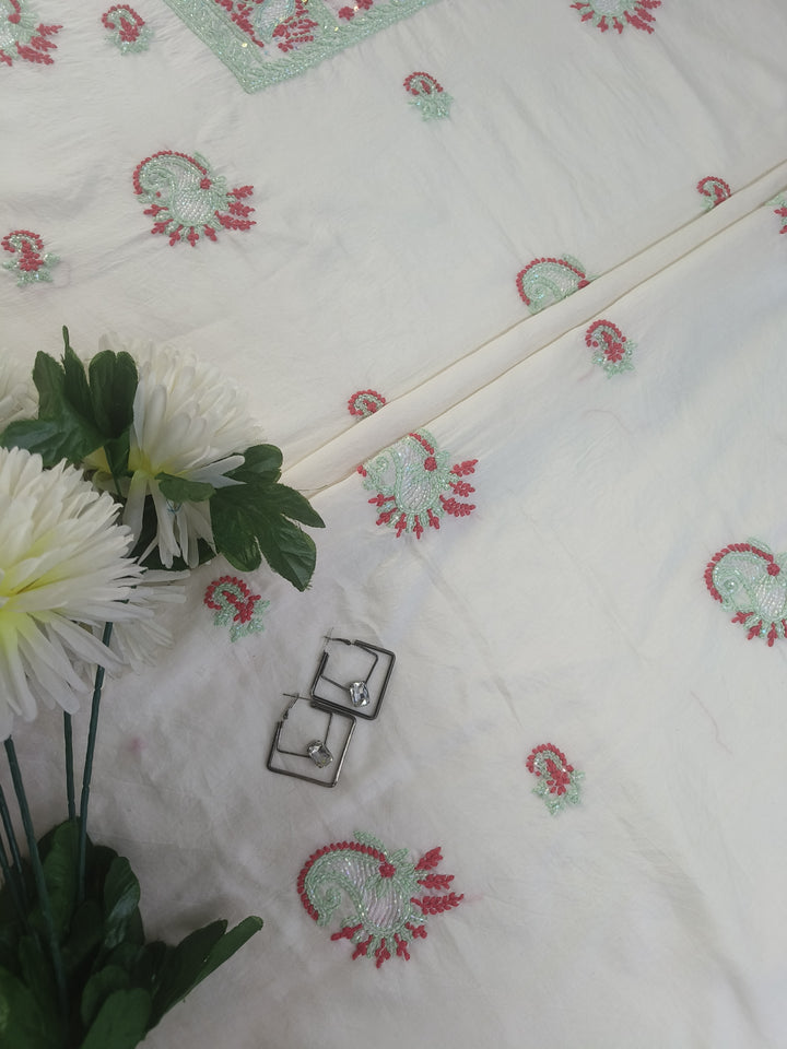 Off White Chanderi Chikankari Suit Fabric