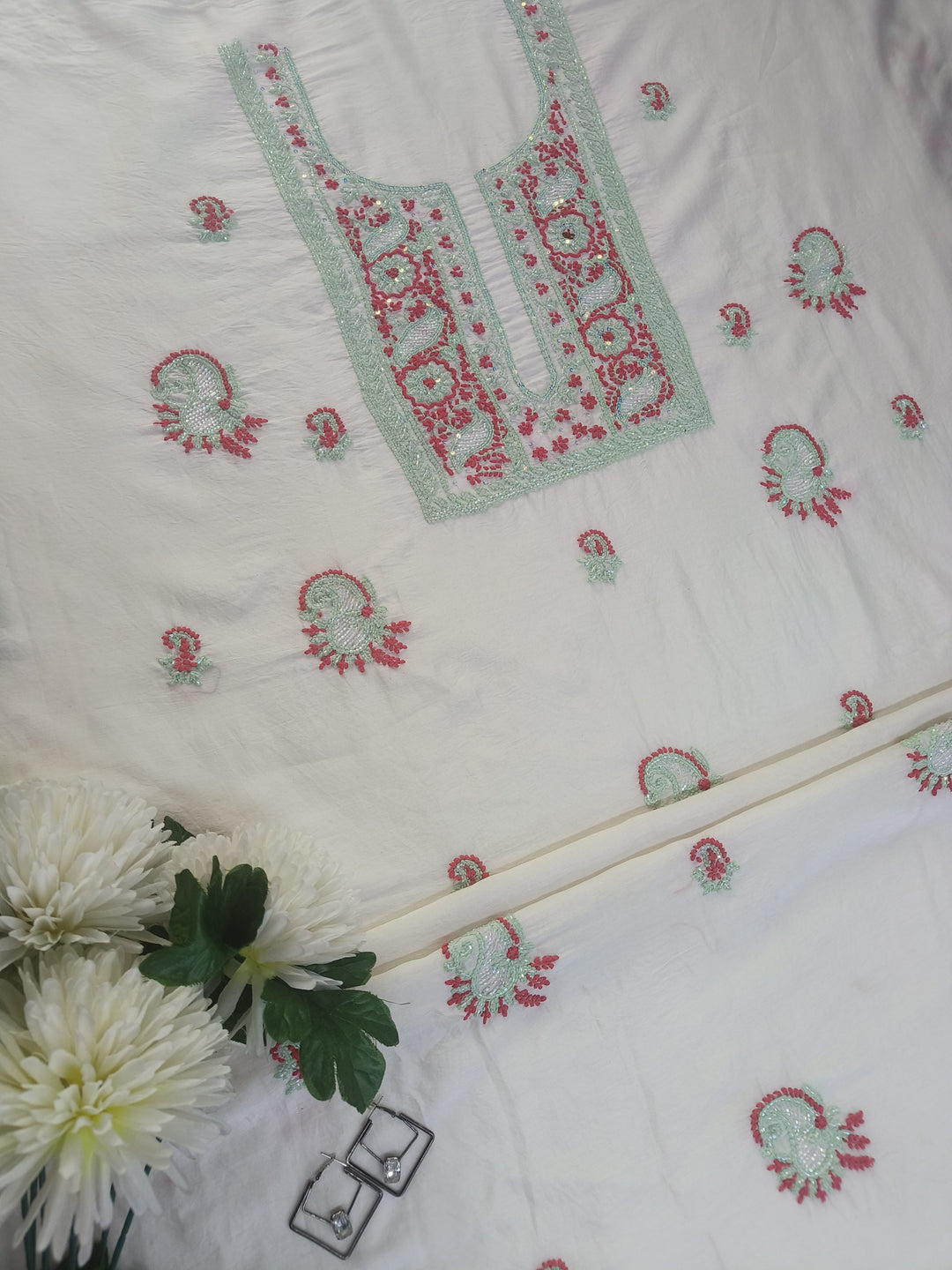 Off White Chanderi Chikankari Suit Fabric