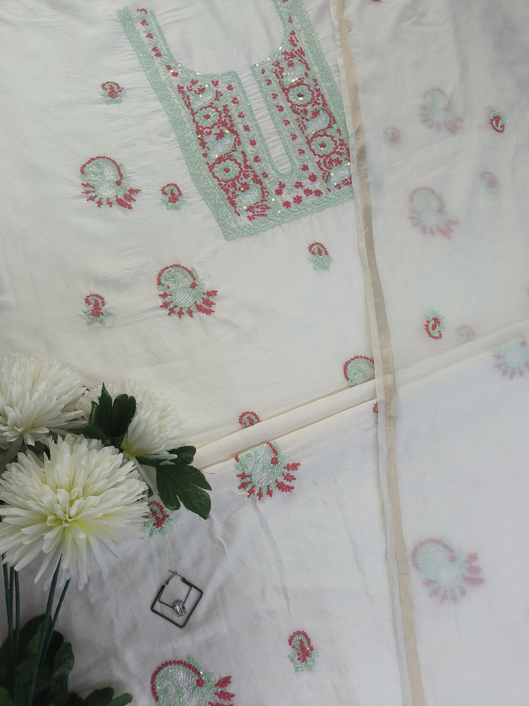 Off White Chanderi Chikankari Suit Fabric