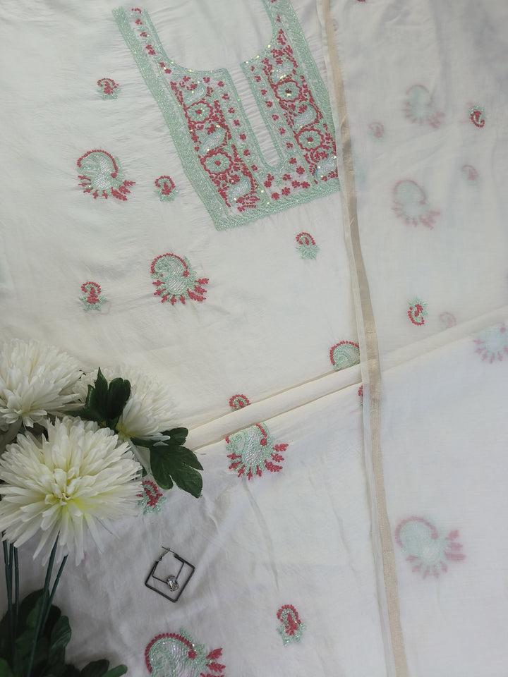 Off White Chanderi Chikankari Suit Fabric