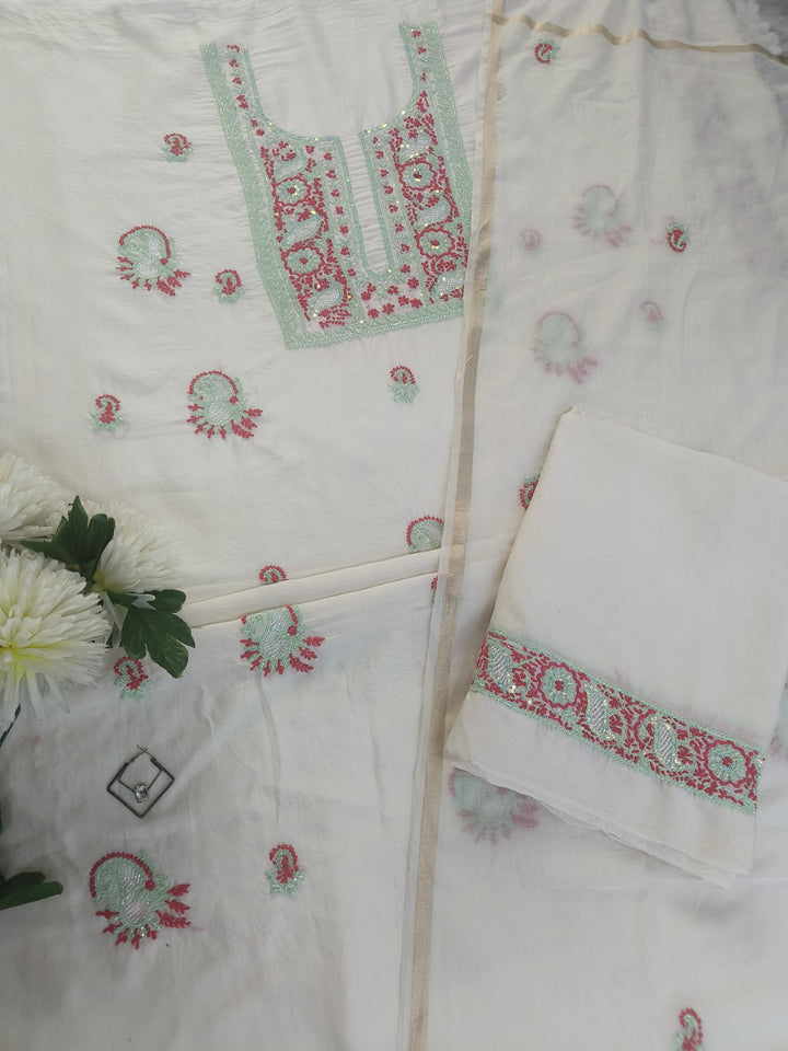 Off White Chanderi Chikankari Suit Fabric
