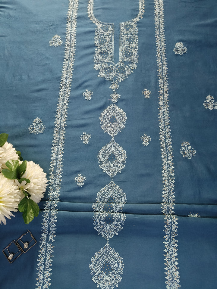 Peacock Blue Chanderi Chikankari Suit Fabric