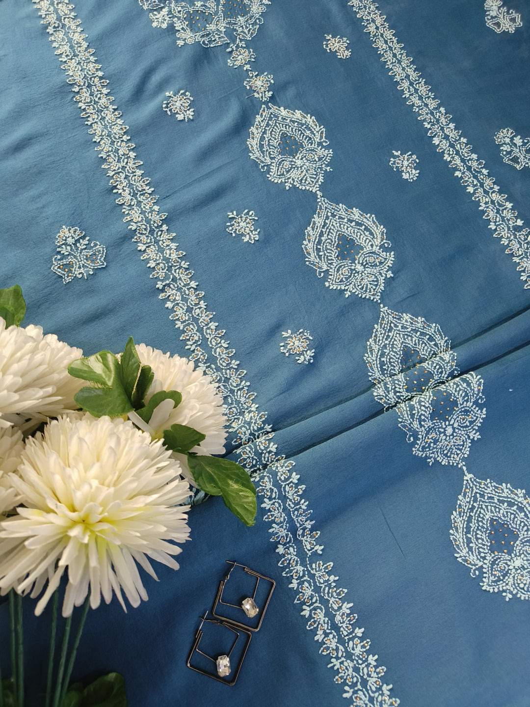 Peacock Blue Chanderi Chikankari Suit Fabric