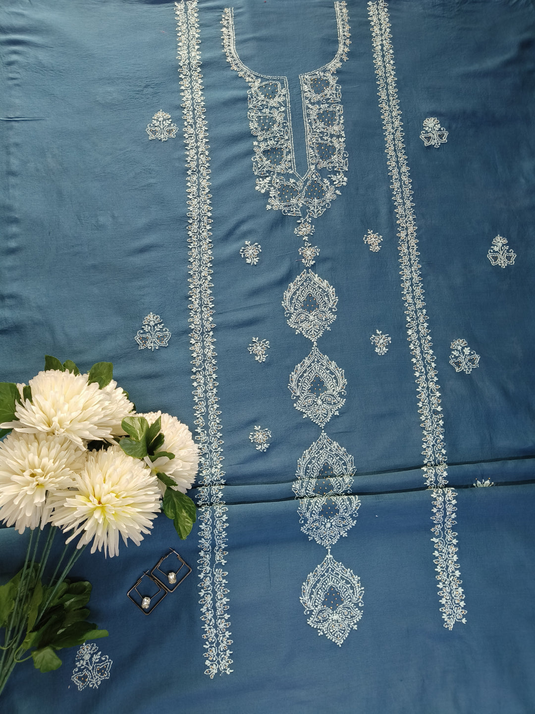 Peacock Blue Chanderi Chikankari Suit Fabric