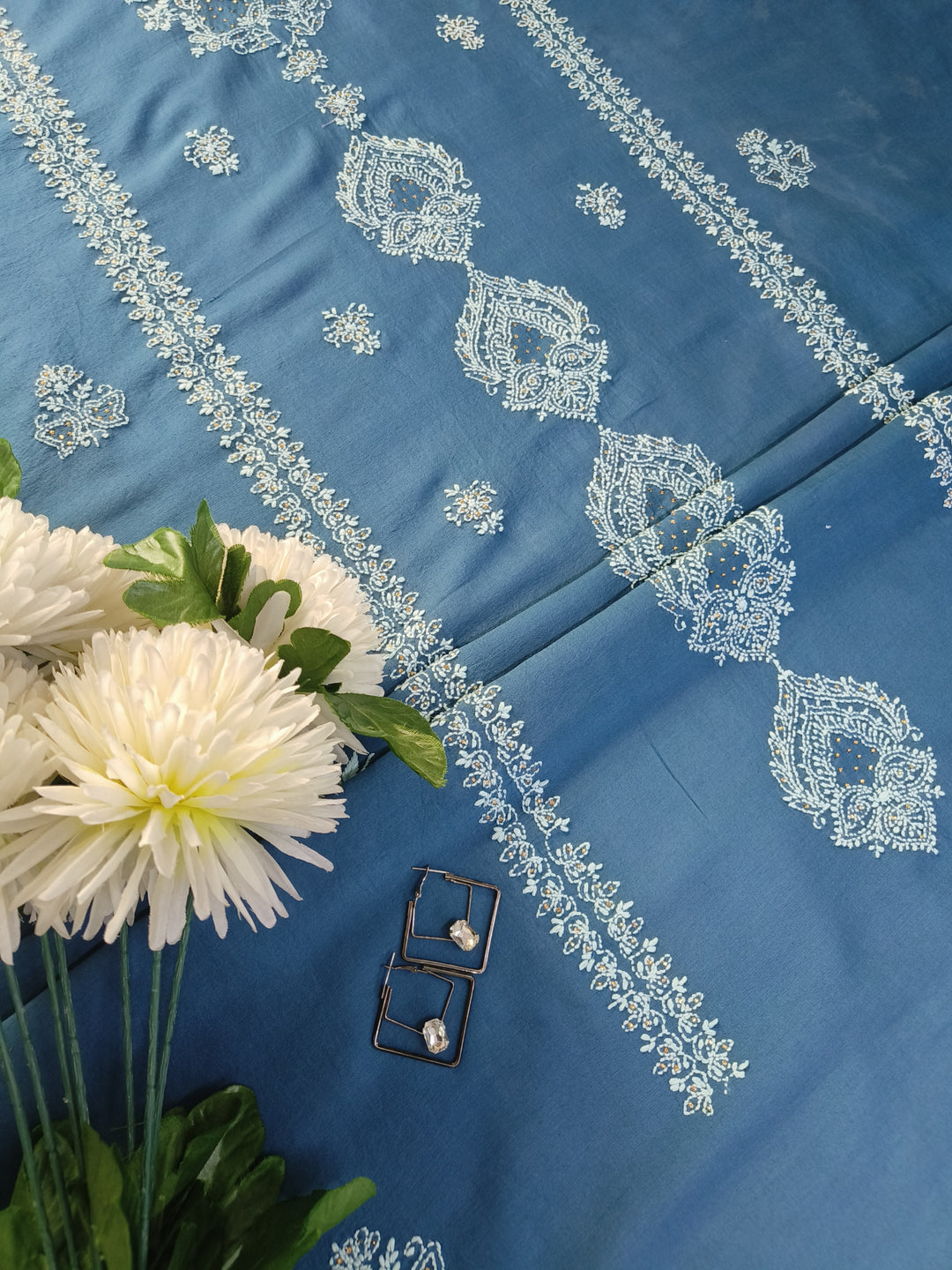 Peacock Blue Chanderi Chikankari Suit Fabric