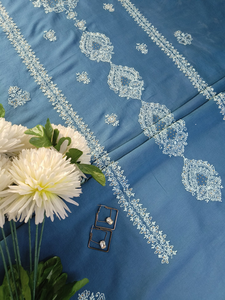 Peacock Blue Chanderi Chikankari Suit Fabric