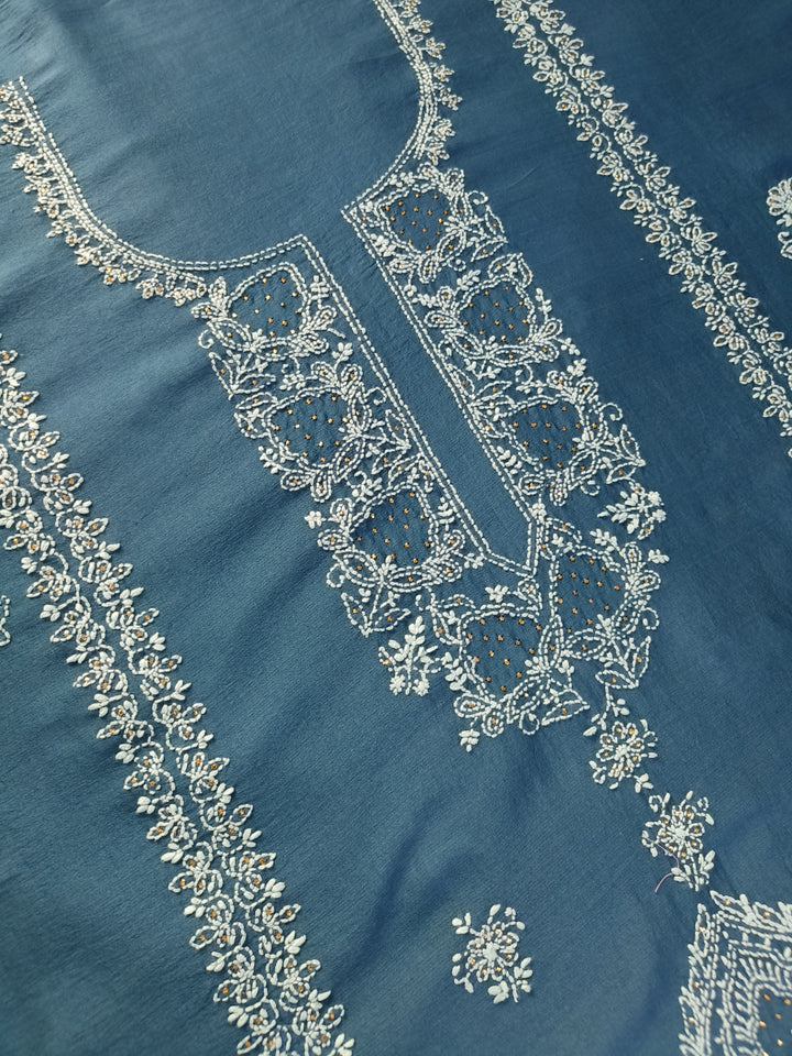 Peacock Blue Chanderi Chikankari Suit Fabric
