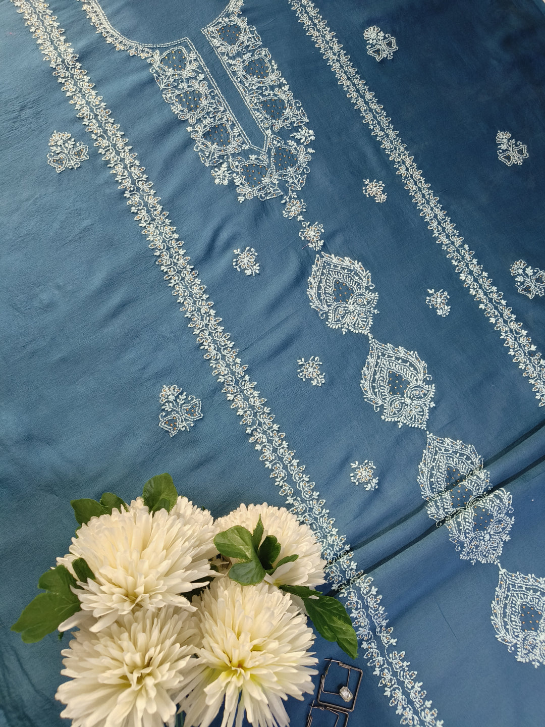 Peacock Blue Chanderi Chikankari Suit Fabric