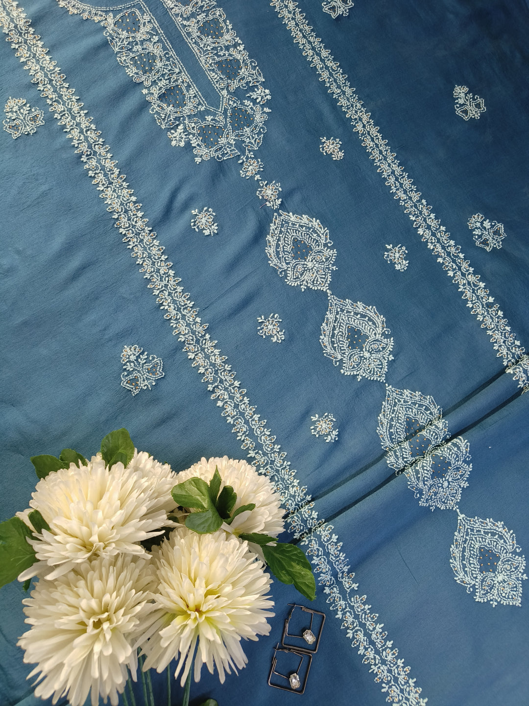 Peacock Blue Chanderi Chikankari Suit Fabric