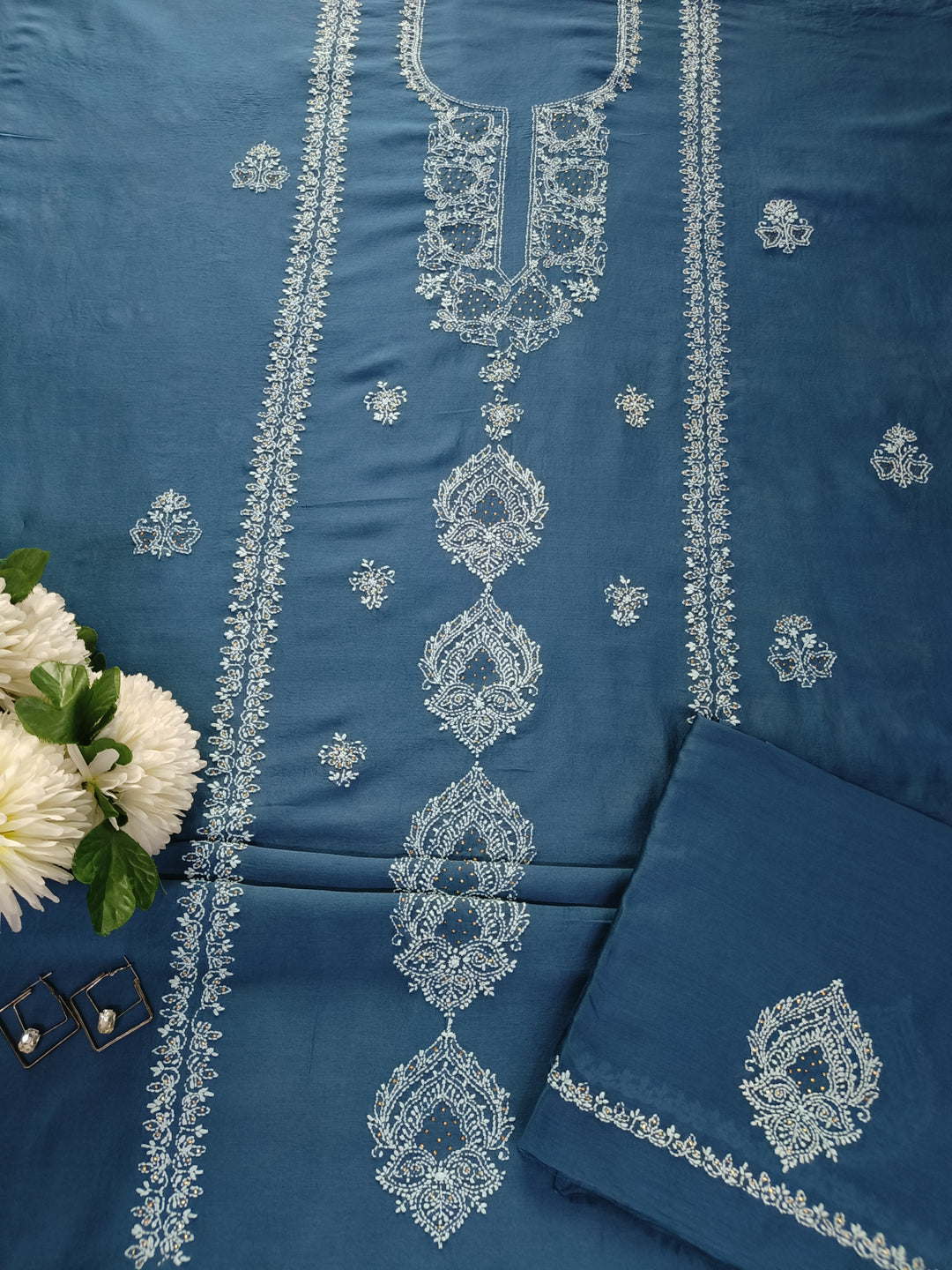 Peacock Blue Chanderi Chikankari Suit Fabric