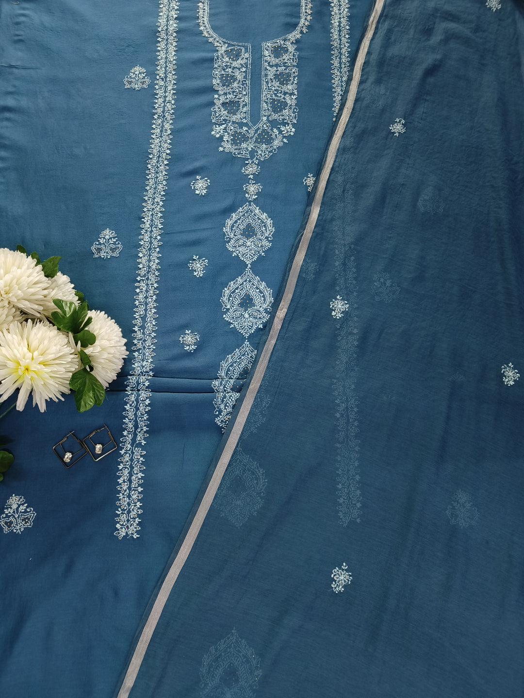 Peacock Blue Chanderi Chikankari Suit Fabric