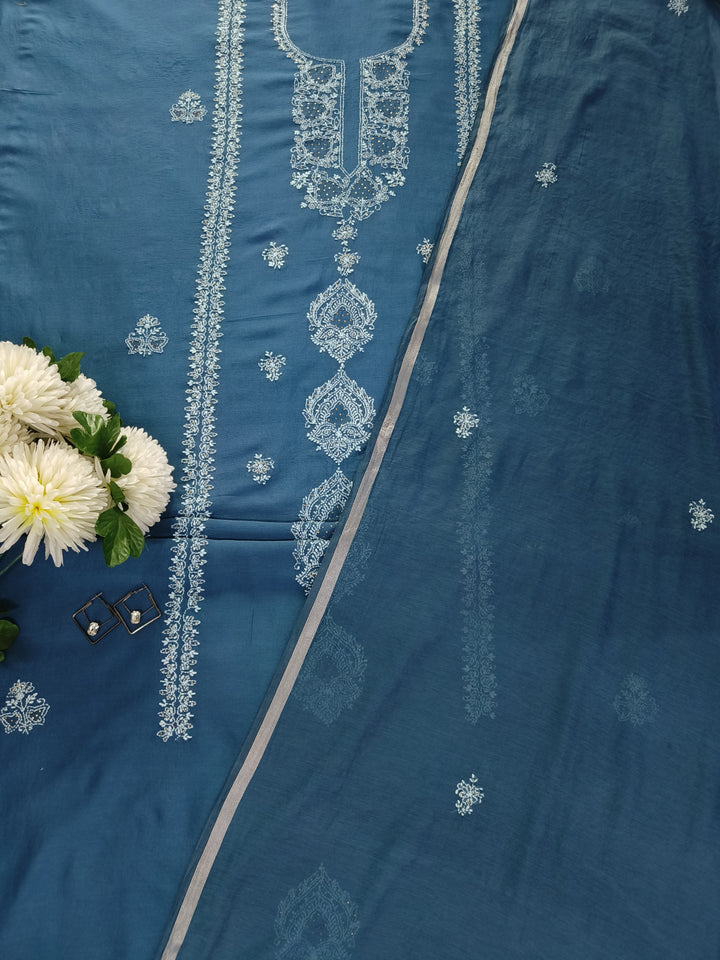 Peacock Blue Chanderi Chikankari Suit Fabric