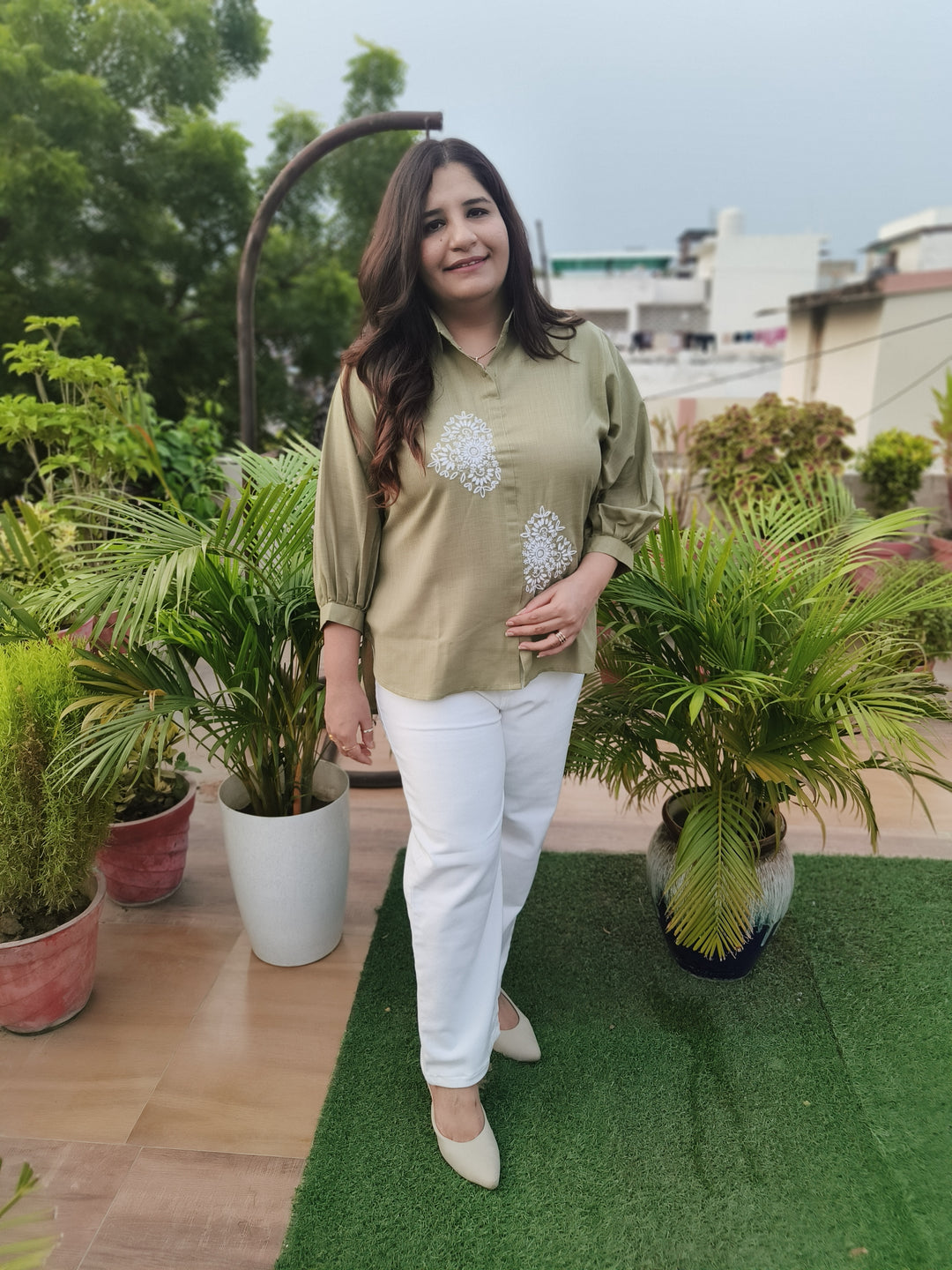 Linen Pista Green Short Top -Custom Made