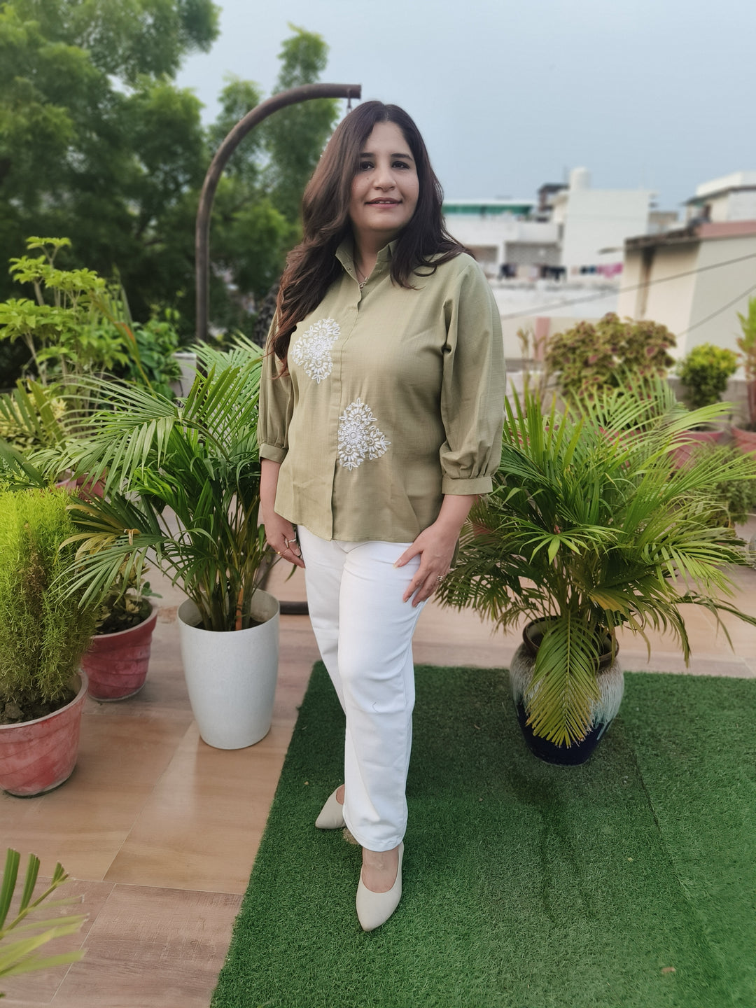 Linen Pista Green Short Top -Custom Made