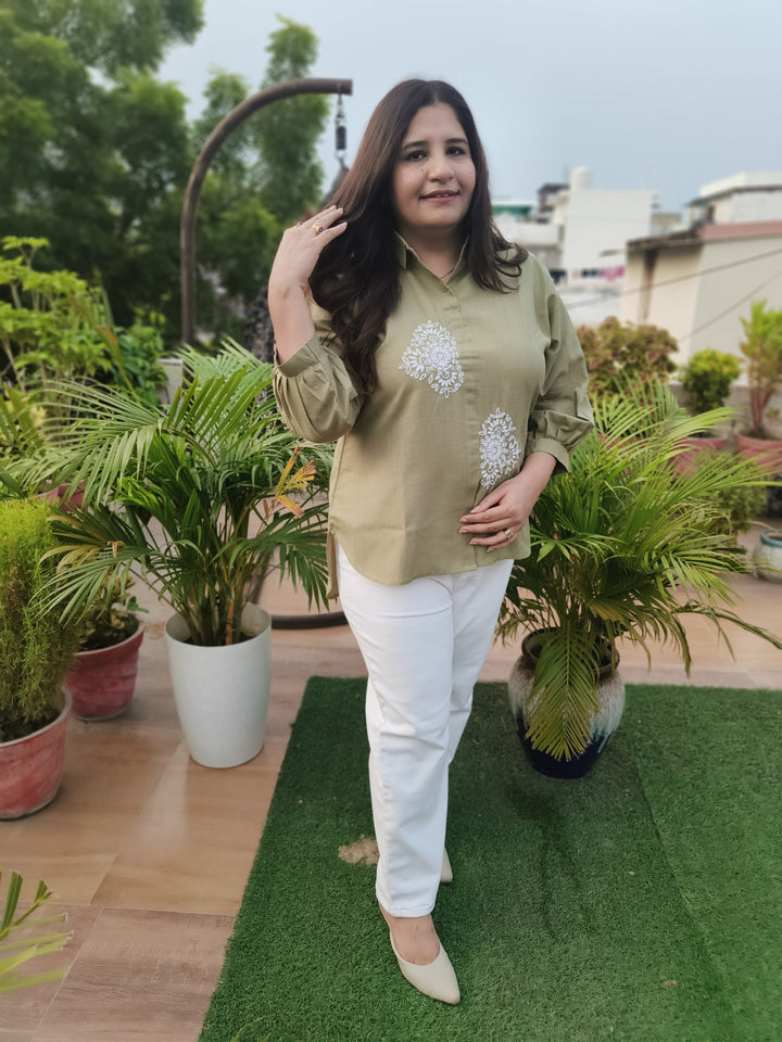 Linen Pista Green Short Top -Custom Made