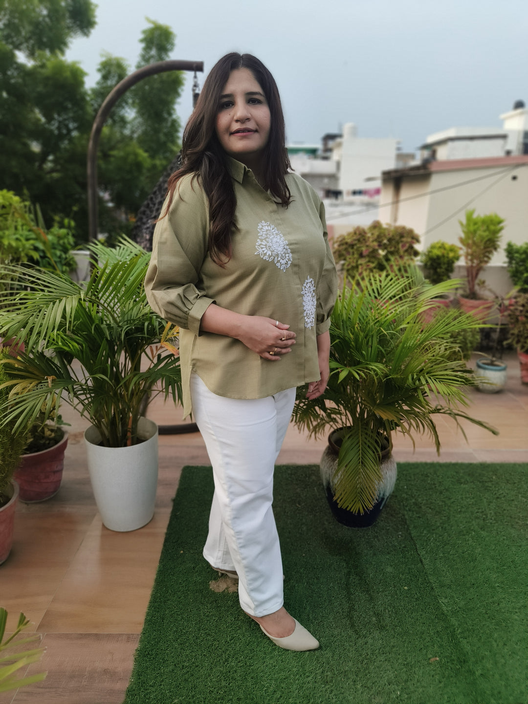 Linen Pista Green Short Top -Custom Made