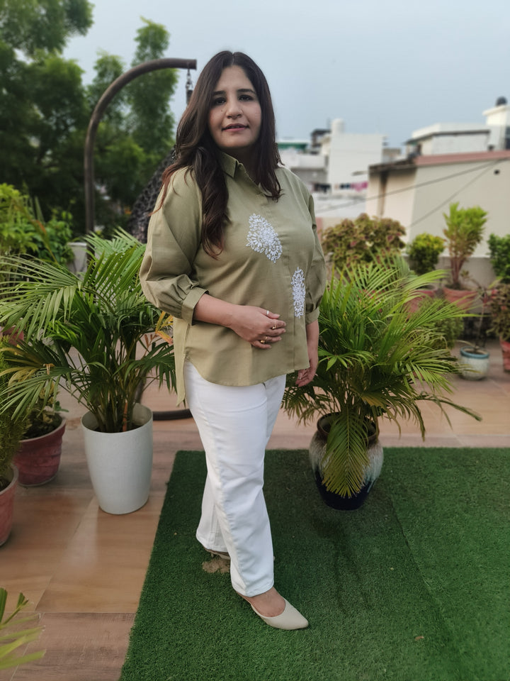 Linen Pista Green Short Top -Custom Made