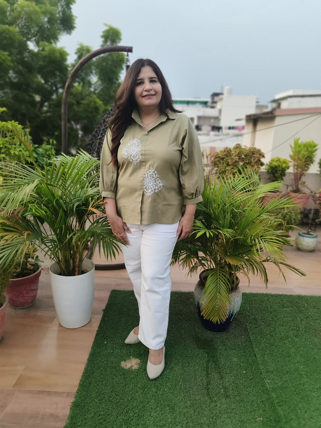 Linen Pista Green Short Top -Custom Made