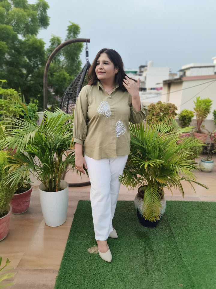 Linen Pista Green Short Top -Custom Made