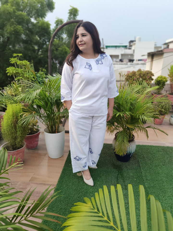 Linen White Chikankari Co-ord Set -Custom Made
