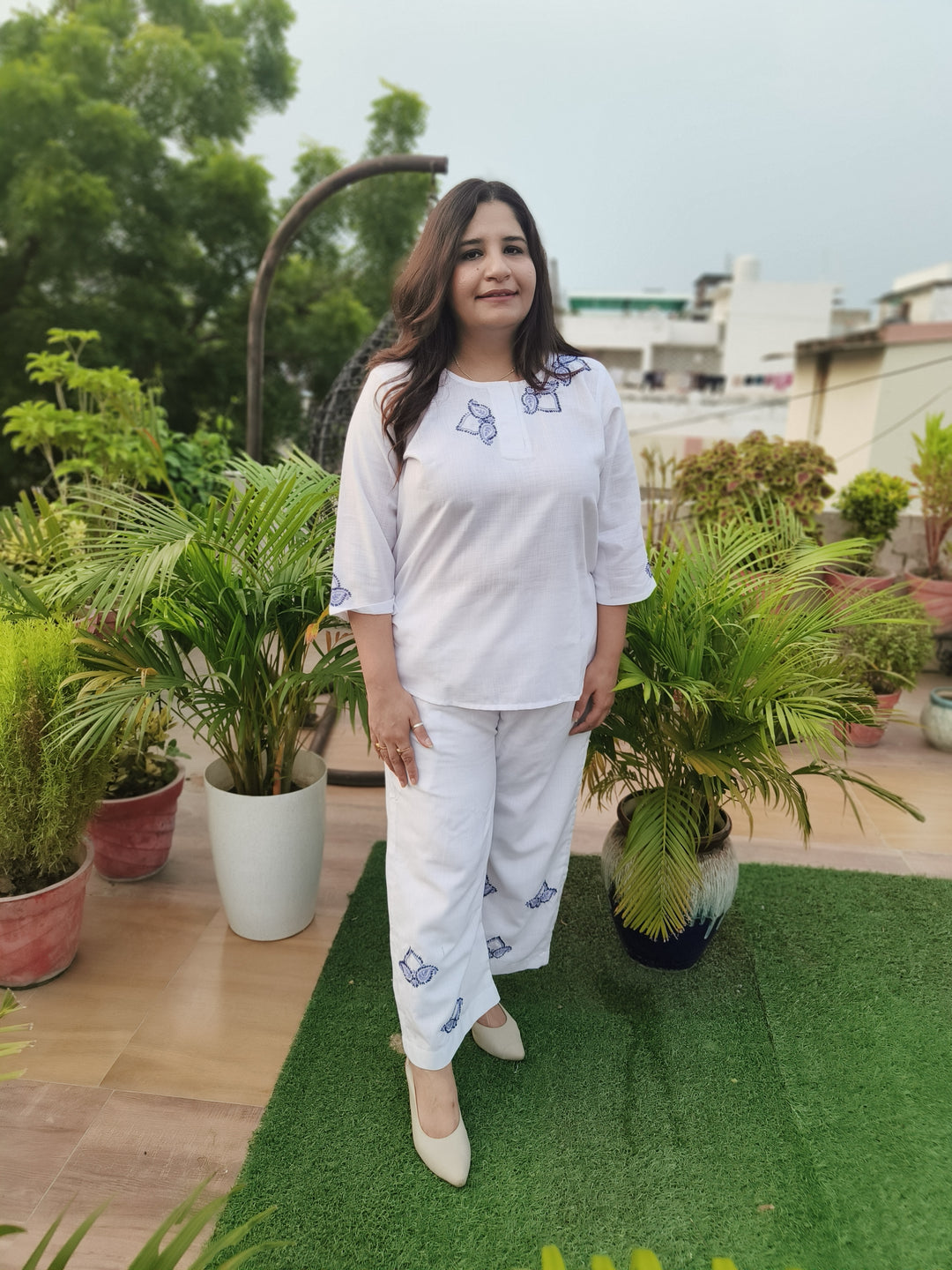 Linen White Chikankari Co-ord Set -Custom Made