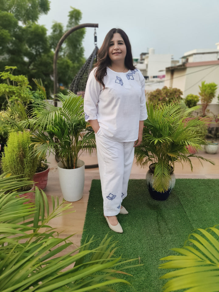 Linen White Chikankari Co-ord Set -Custom Made