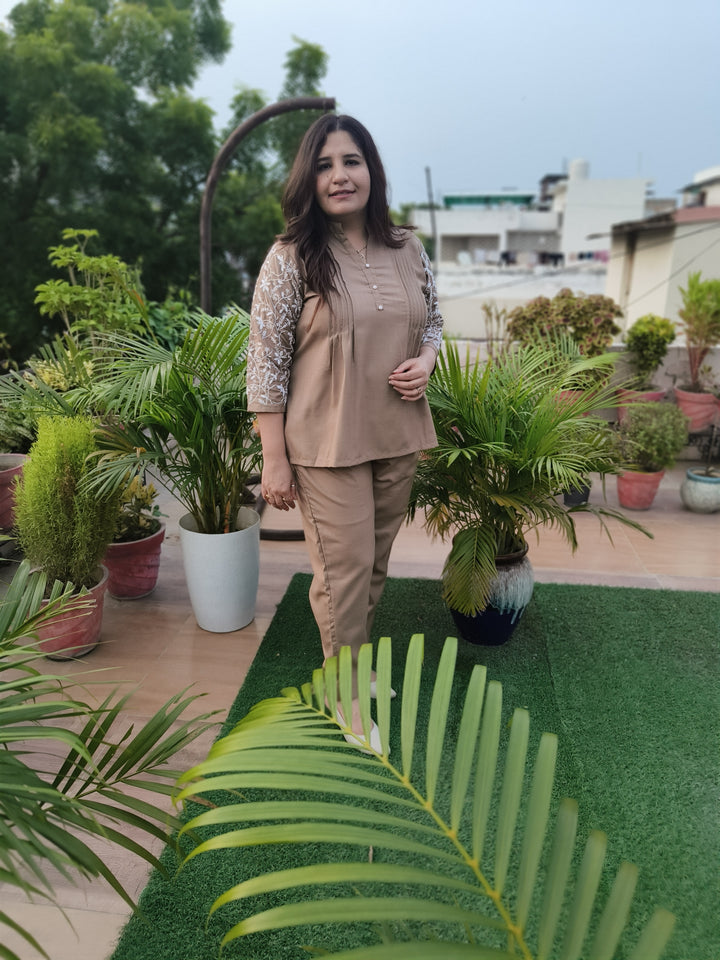 Linen Linen Brown Chikankari Co-ord Set-Custom Made