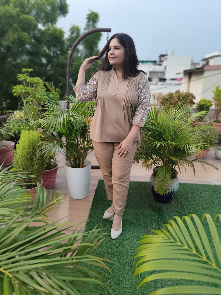 Linen Linen Brown Chikankari Co-ord Set-Custom Made