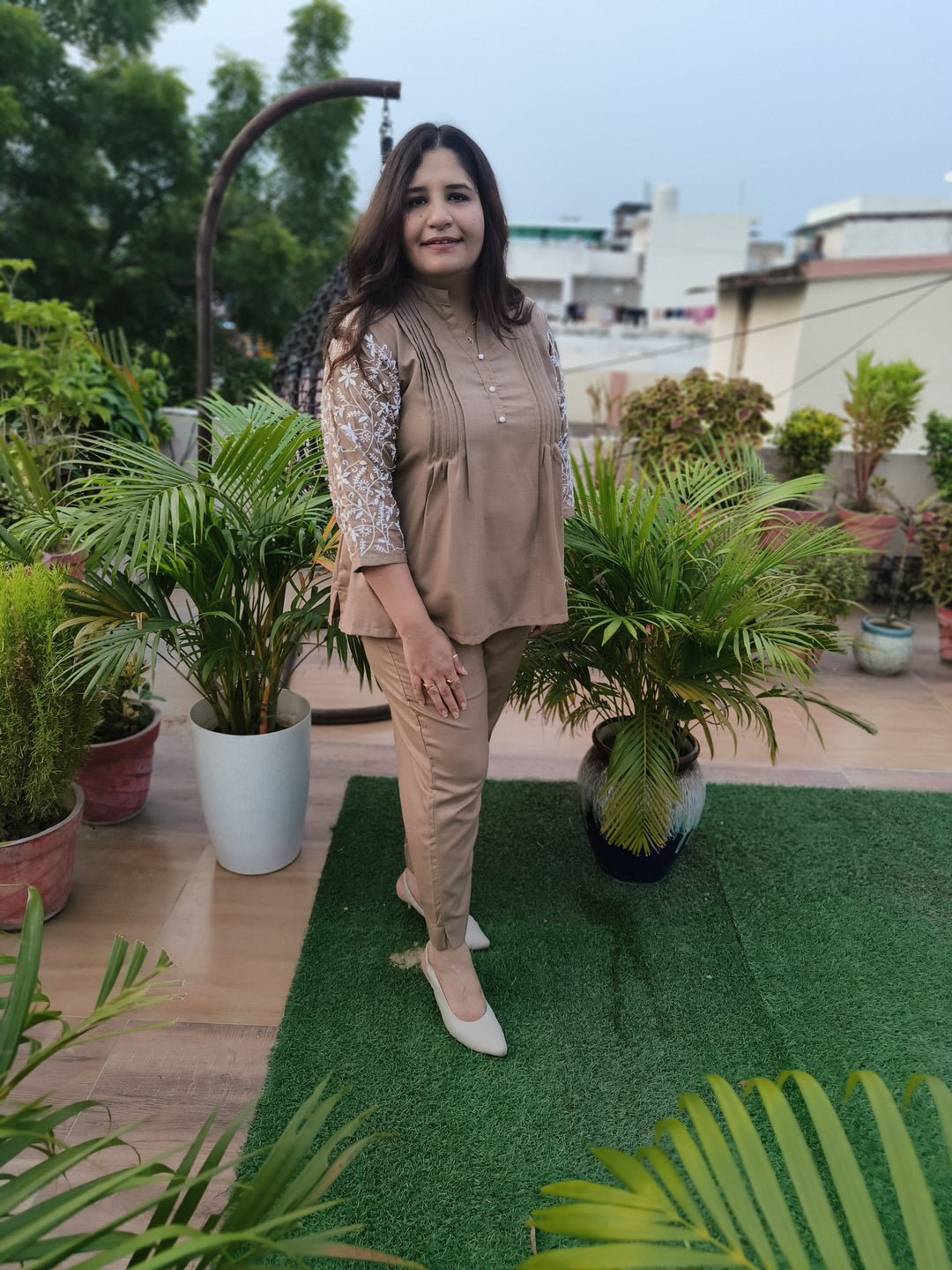 Linen Linen Brown Chikankari Co-ord Set-Custom Made