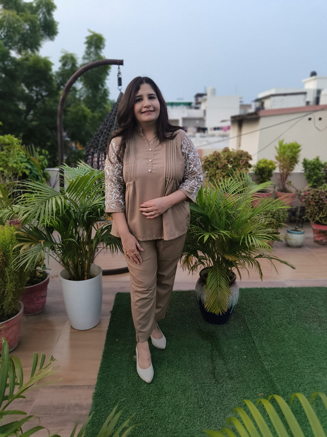 Linen Linen Brown Chikankari Co-ord Set-Custom Made