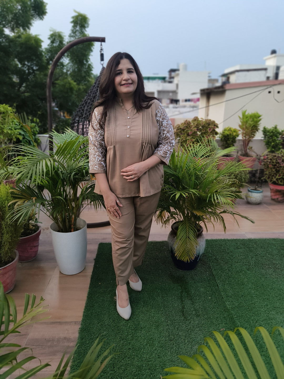 Linen Linen Brown Chikankari Co-ord Set-Custom Made