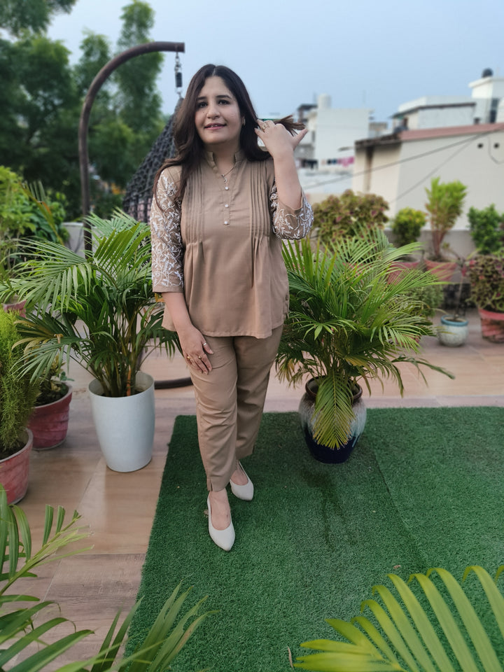 Linen Linen Brown Chikankari Co-ord Set-Custom Made