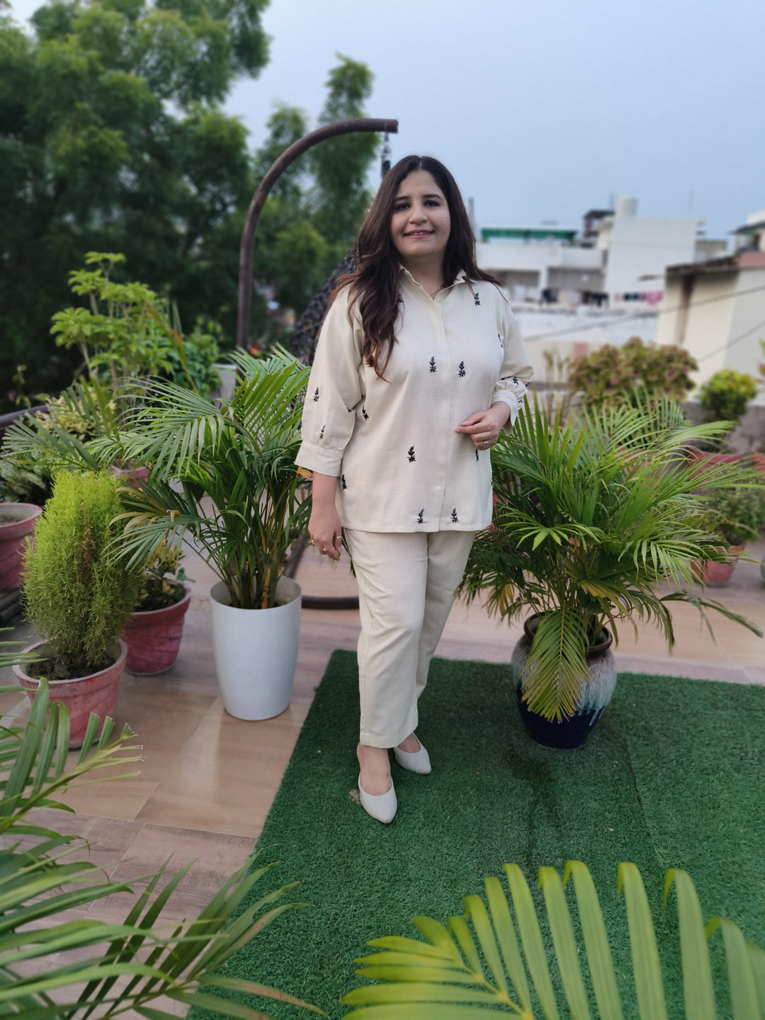 Linen Beige Chikankari Co-ord Set-Custom Made