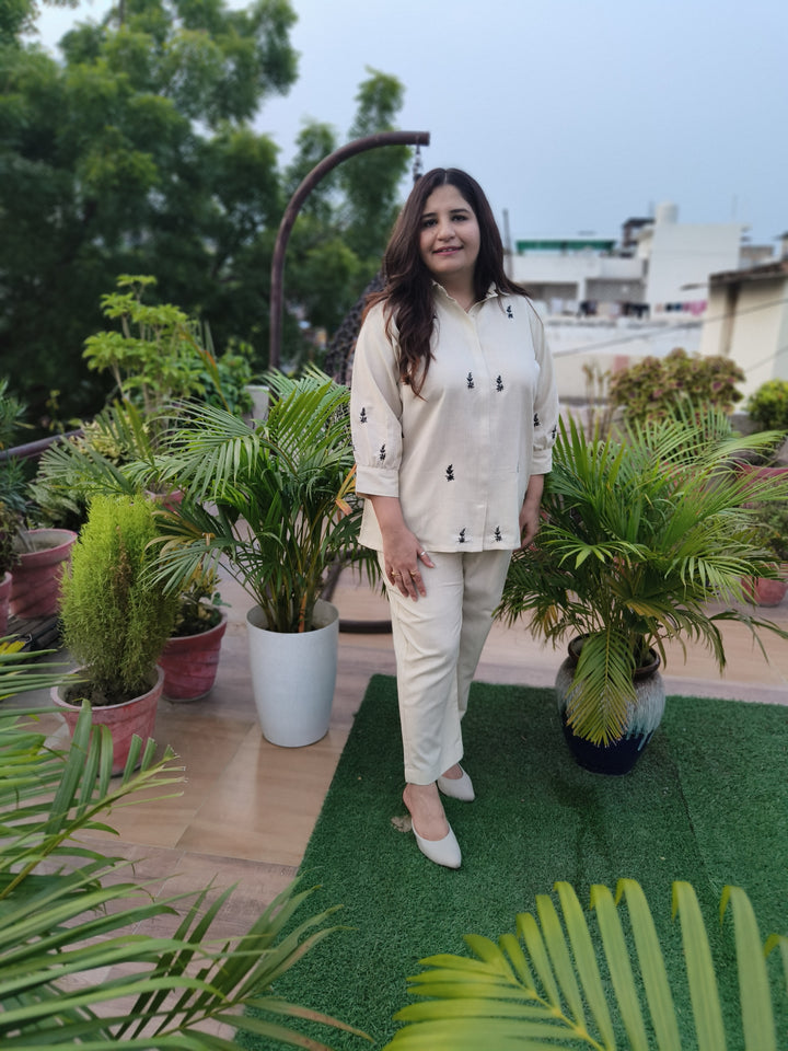 Linen Beige Chikankari Co-ord Set-Custom Made