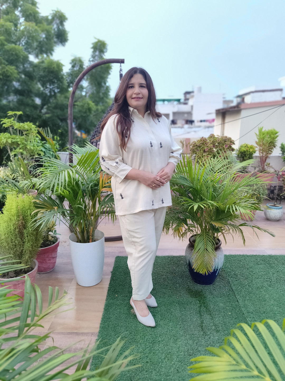 Linen Beige Chikankari Co-ord Set-Custom Made