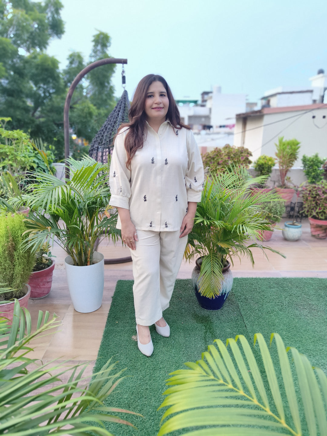 Linen Beige Chikankari Co-ord Set-Custom Made