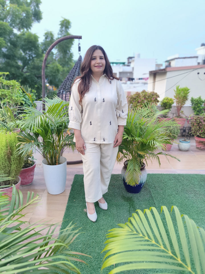 Linen Beige Chikankari Co-ord Set-Custom Made