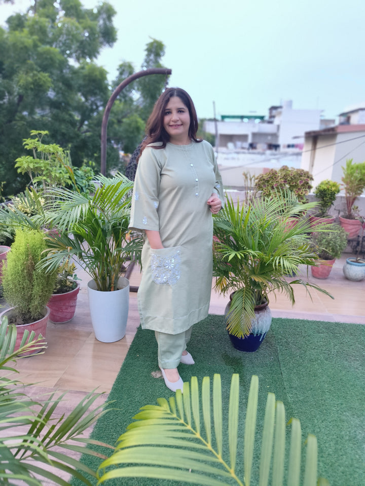 Linen Light Green Chikankari Co-ord Set-Custom Made