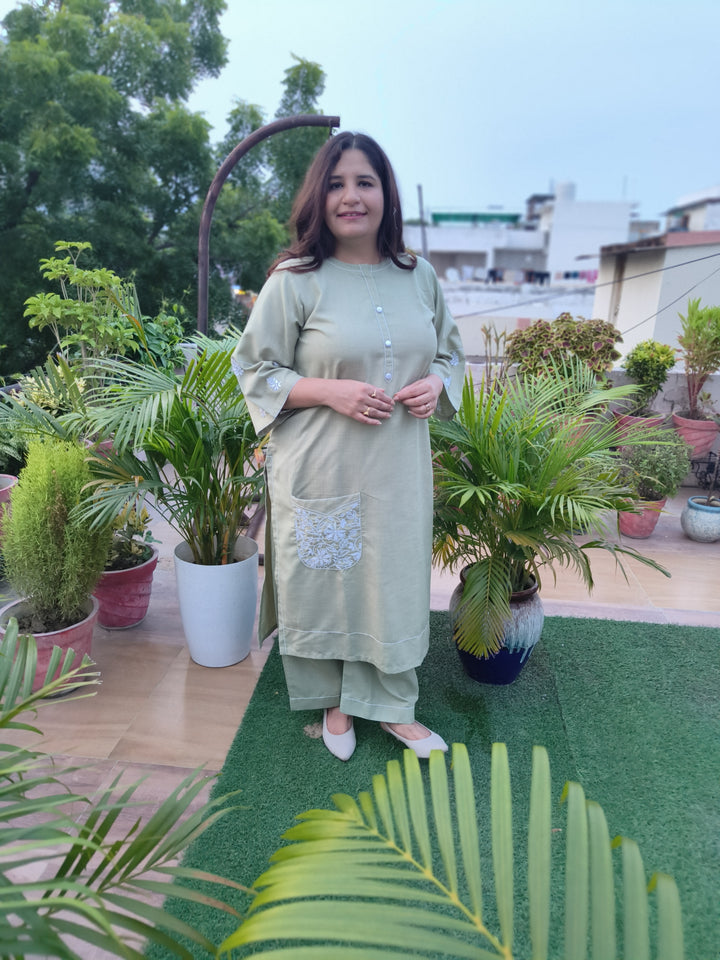 Linen Light Green Chikankari Co-ord Set-Custom Made