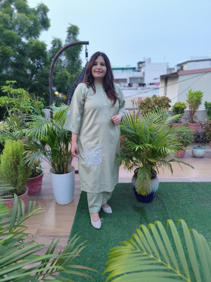 Linen Light Green Chikankari Co-ord Set-Custom Made
