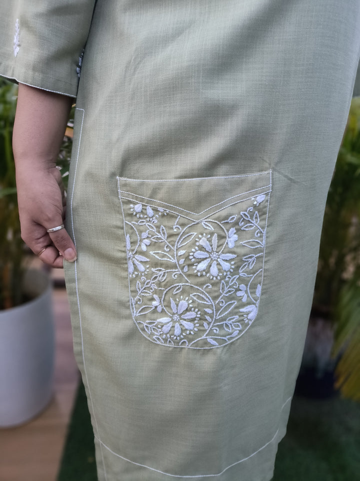 Linen Light Green Chikankari Co-ord Set-Custom Made