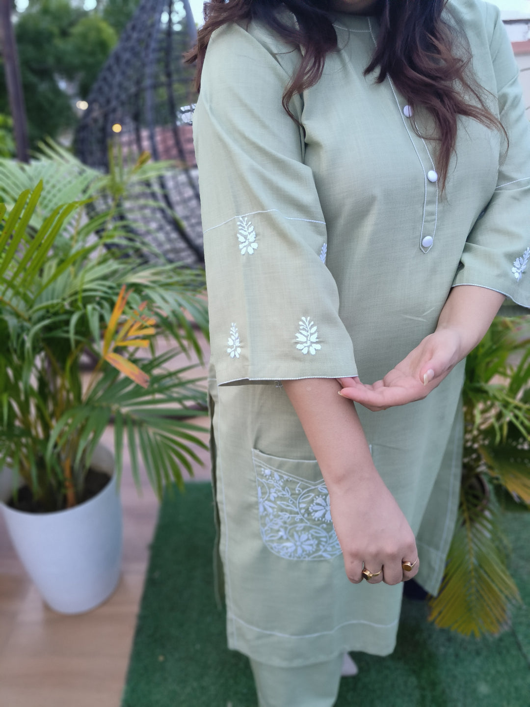 Linen Light Green Chikankari Co-ord Set-Custom Made