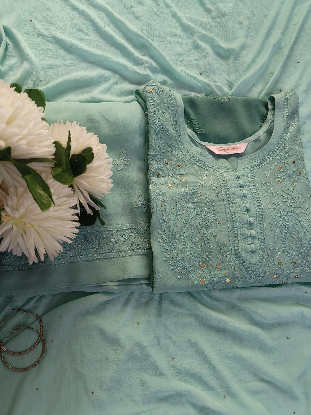 Sea Blue Chikankari Georgette Suit Set-Custom Made