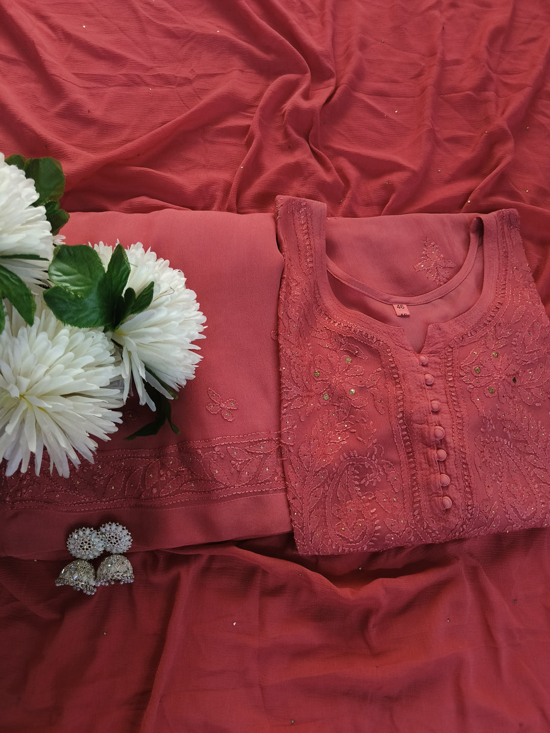 Rust Chikankari Georgette Suit Set-Custom Made