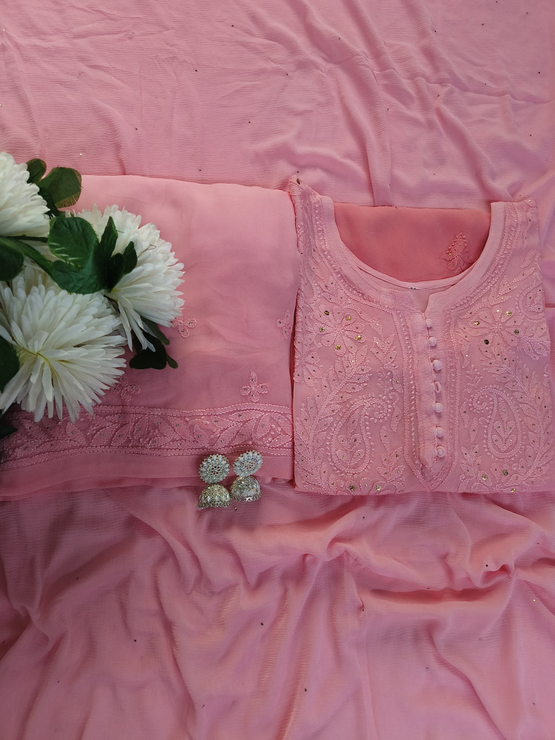 Peach ombre Chikankari Georgette Suit Set-Custom Made