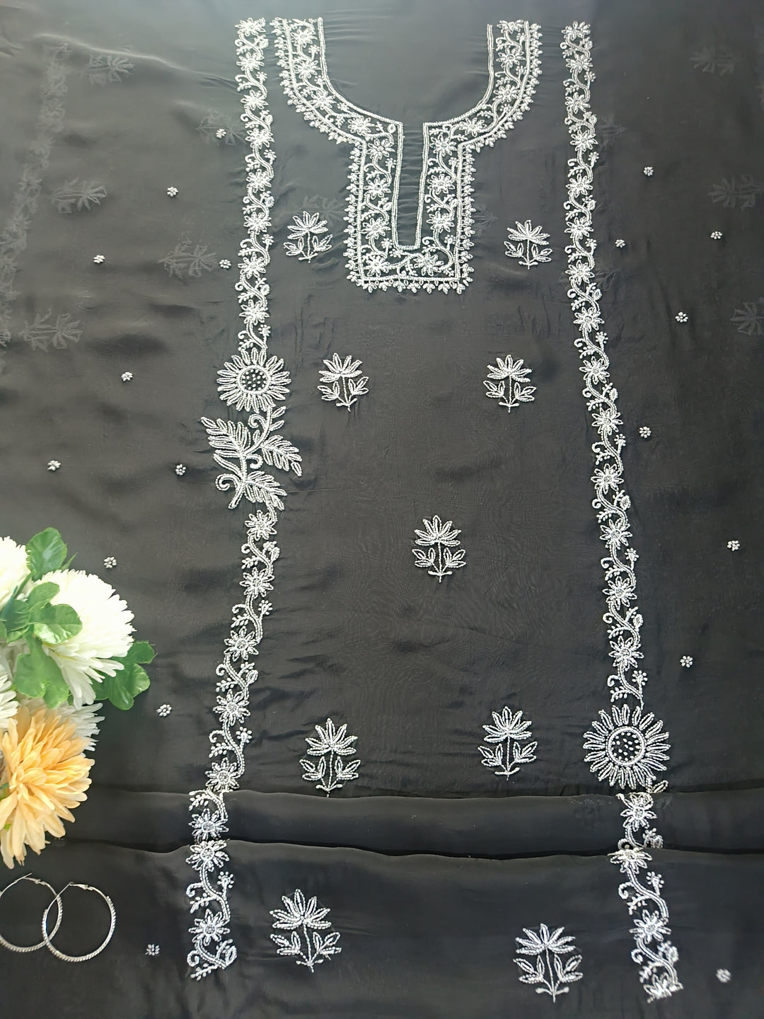 Black Organza Chikankari kurta Dupatta Fabric