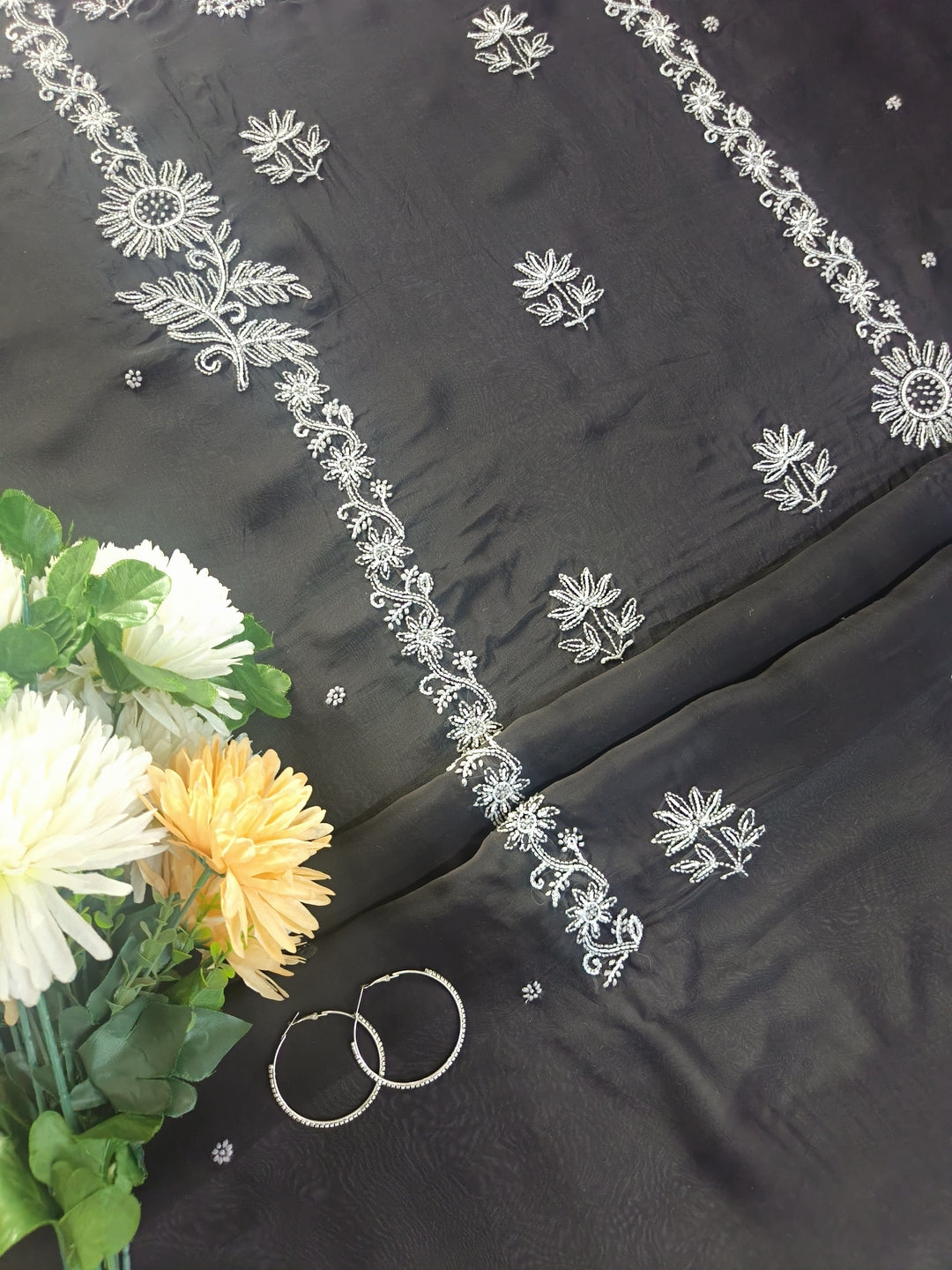 Black Organza Chikankari kurta Dupatta Fabric