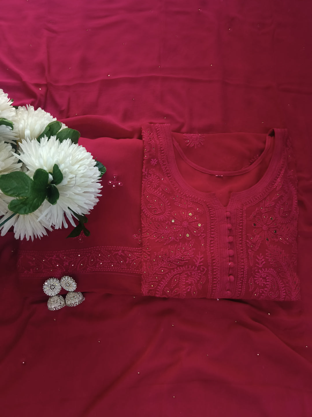 Rani Pink Chikankari Georgette Suit Set-Custom Made