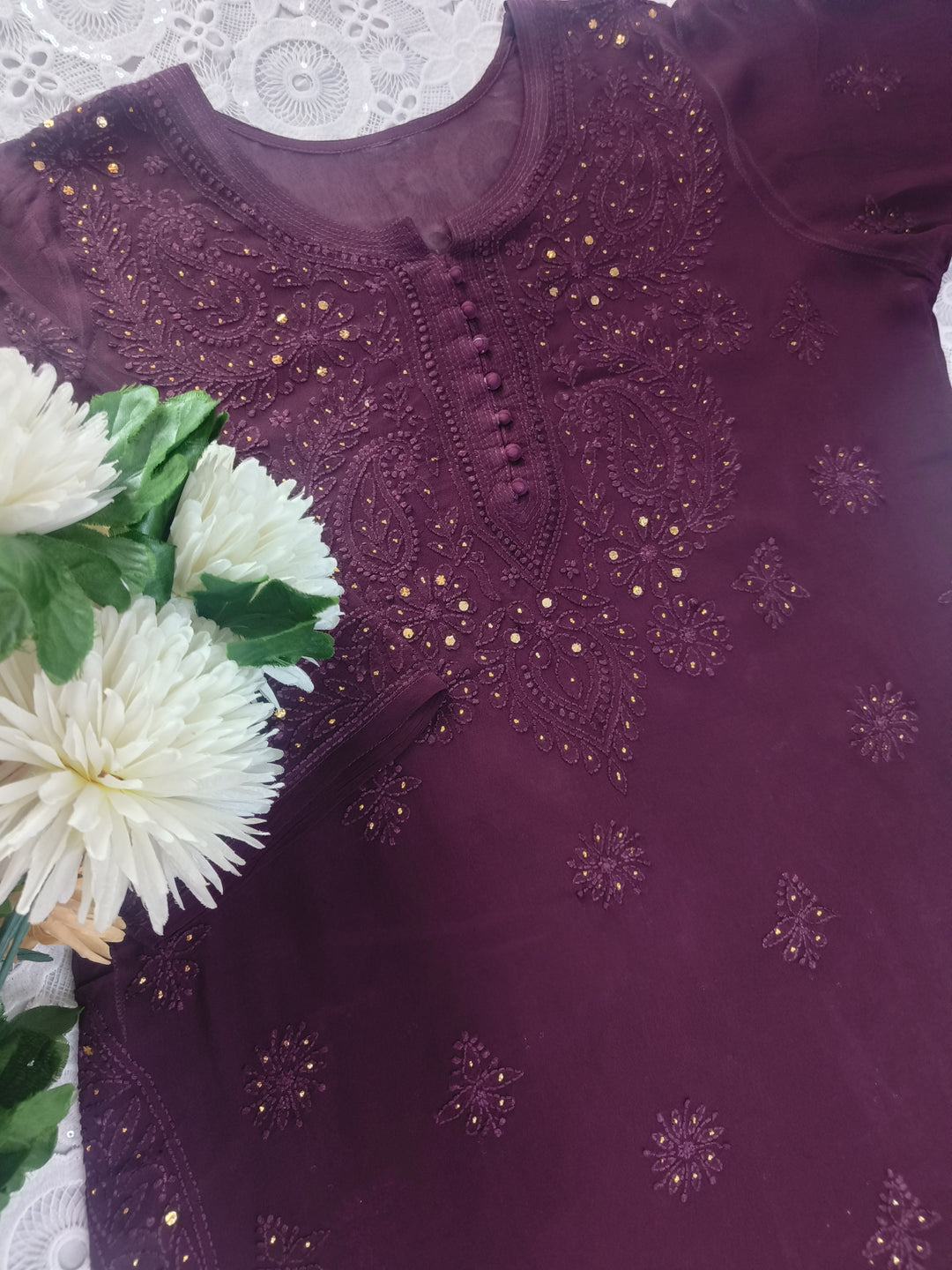 Wine Chikankari Georgette Suit Set-Custom Made